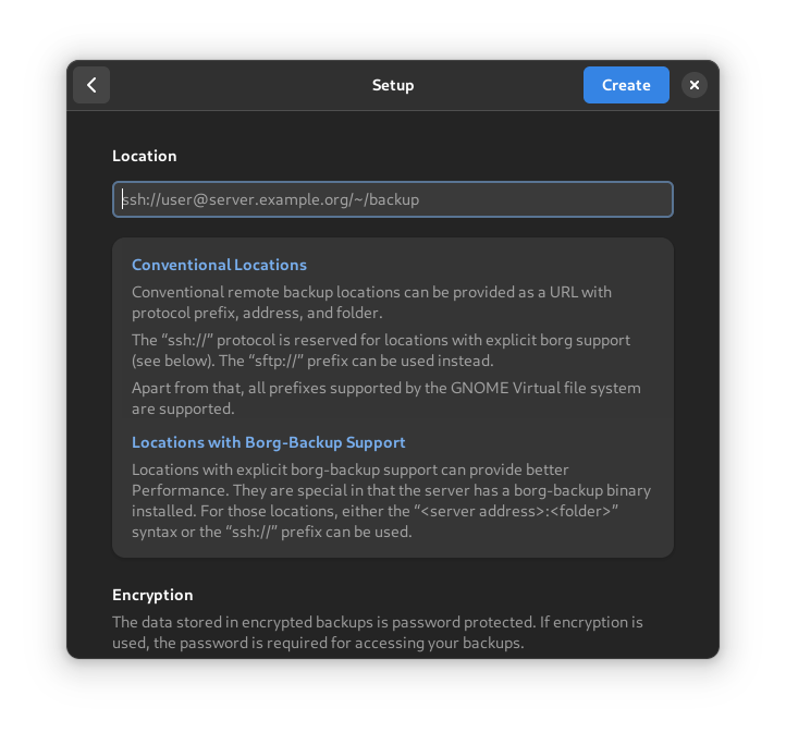 Pika Backup setup screen